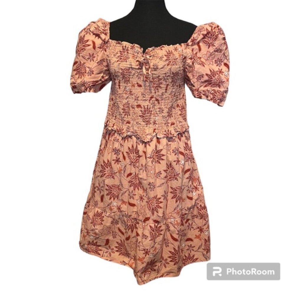 Smocked Puff-Sleeve Midi Dress in Blush Floral
